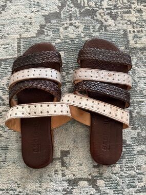 BED|STU Brown and Cream Braided Triple-Strap Slide Sandals
